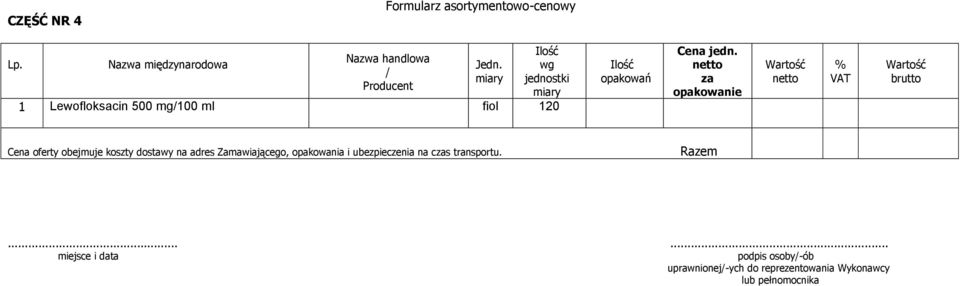 za opakowanie % VAT brutto Cena oferty obejmuje koszty dostawy na adres Zamawiającego, opakowania i