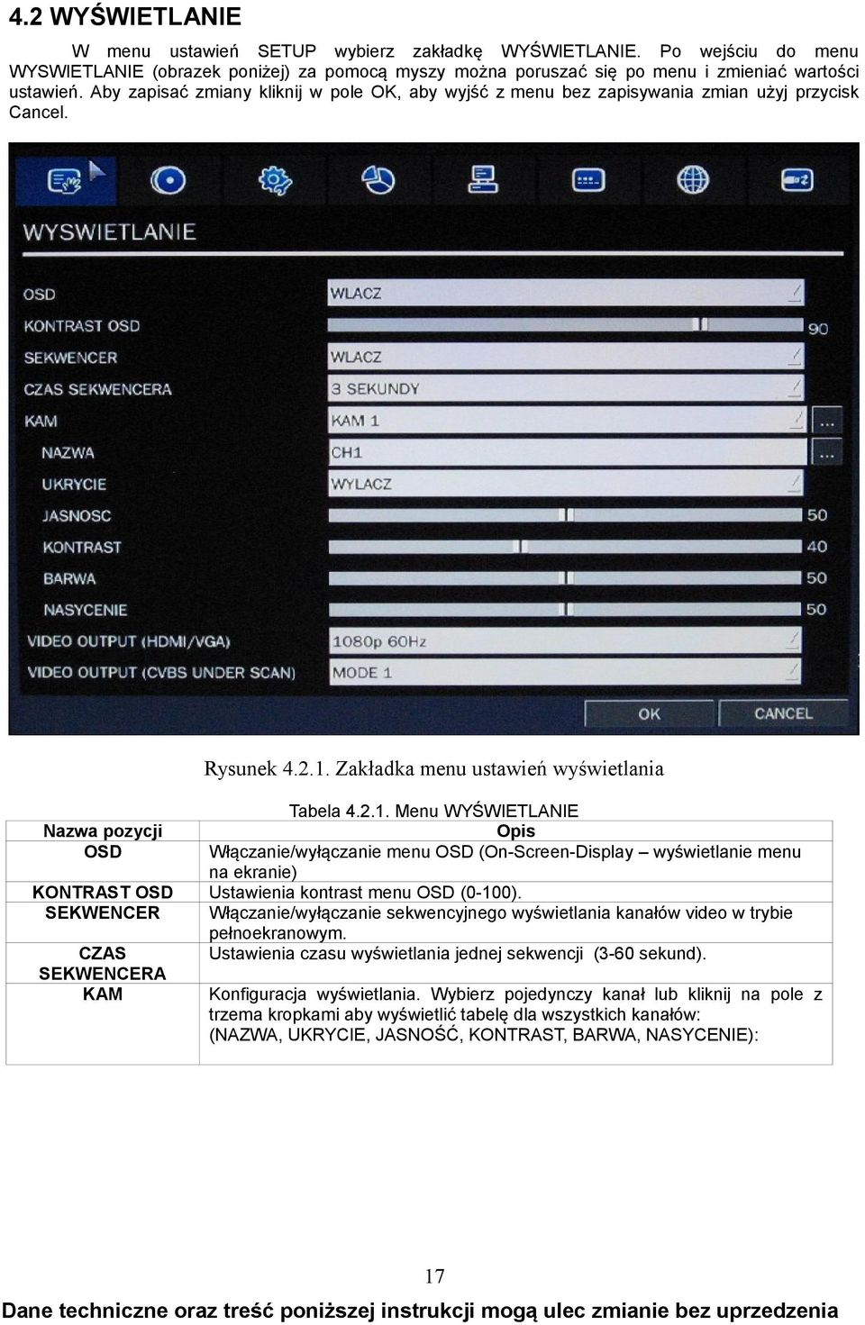 Zakładka menu ustawień wyświetlania Nazwa pozycji OSD KONTRAST OSD SEKWENCER CZAS SEKWENCERA KAM Tabela 4.2.1.