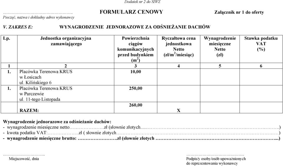 11-tego Listopada 250,00 260,00 jednorazowe za