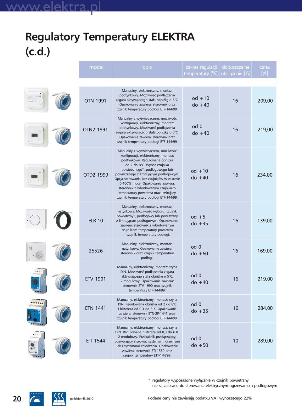 od +10 do +40 16 09,00 OTN 1991 Manualny z wyświetlaczem, możliwość konfiguracji, elektroniczny, montaż: podtynkowy.