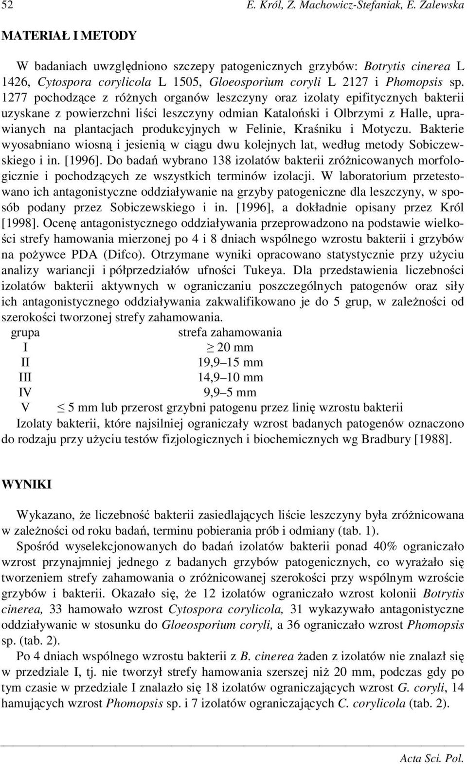 1277 pochodz ce z ró nych organów leszczyny oraz izolaty epifitycznych bakterii uzyskane z powierzchni li ci leszczyny odmian Katalo ski i Olbrzymi z Halle, uprawianych na plantacjach produkcyjnych w