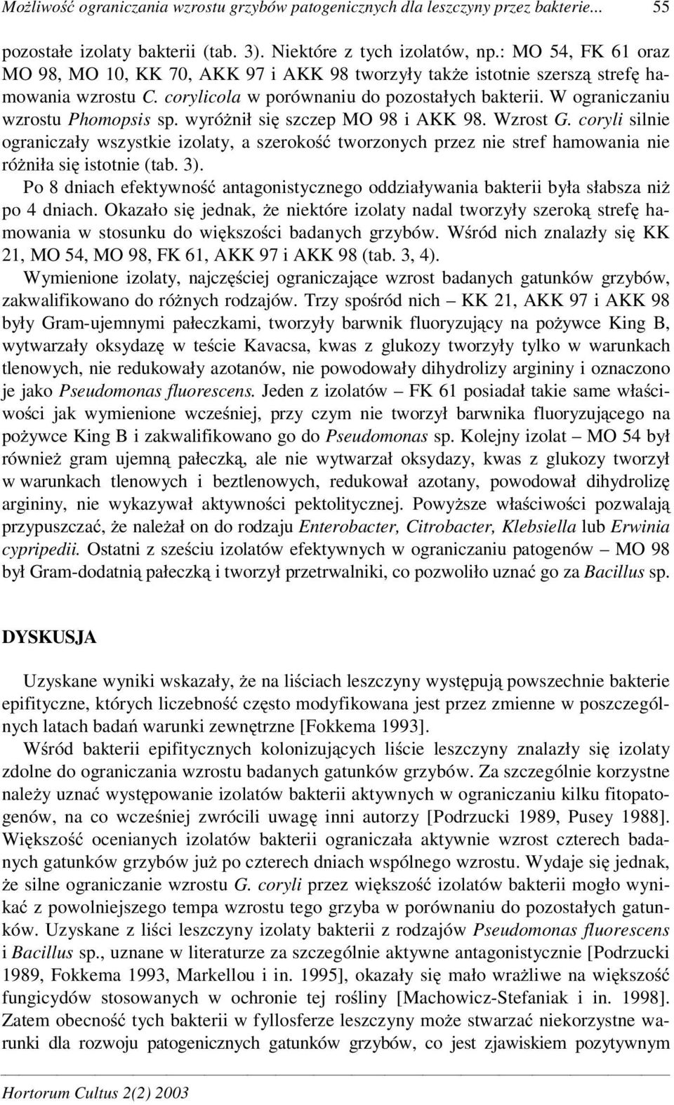 wyró nił si szczep MO 98 i AKK 98. Wzrost G. coryli silnie ograniczały wszystkie izolaty, a szeroko tworzonych przez nie stref hamowania nie ró niła si istotnie (tab. 3).