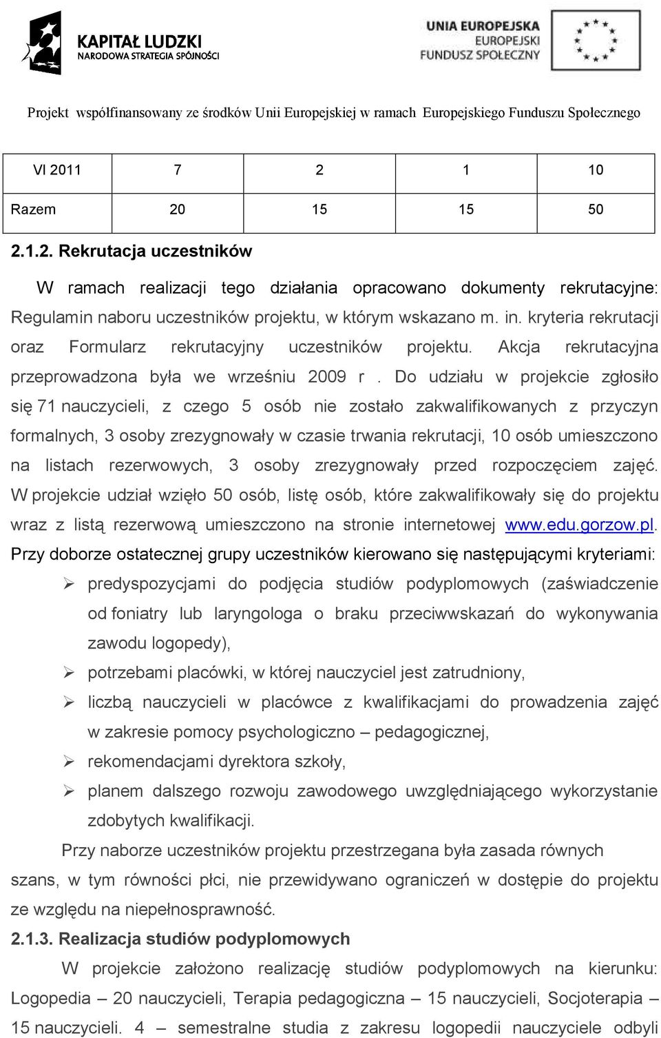 Do udziału w projekcie zgłosiło się 71 nauczycieli, z czego 5 osób nie zostało zakwalifikowanych z przyczyn formalnych, 3 osoby zrezygnowały w czasie trwania rekrutacji, 10 osób umieszczono na