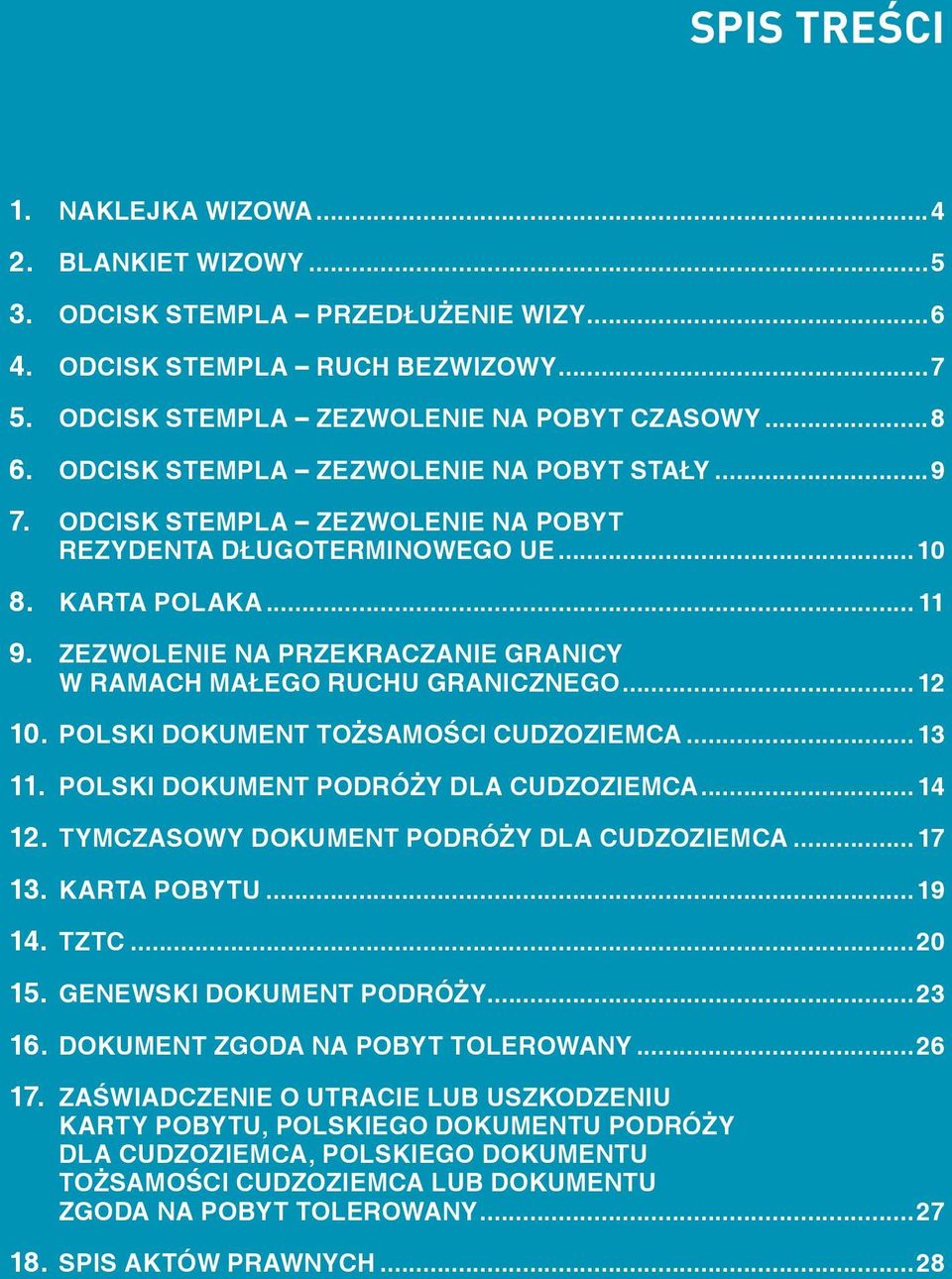 ZEZWOLENIE NA PRZEKRACZANIE GRANICY W RAMACH MAŁEGO RUCHU GRANICZNEGO...12 10. POLSKI DOKUMENT TOŻSAMOŚCI CUDZOZIEMCA...13 11. POLSKI DOKUMENT PODRÓŻY DLA CUDZOZIEMCA... 14 12.