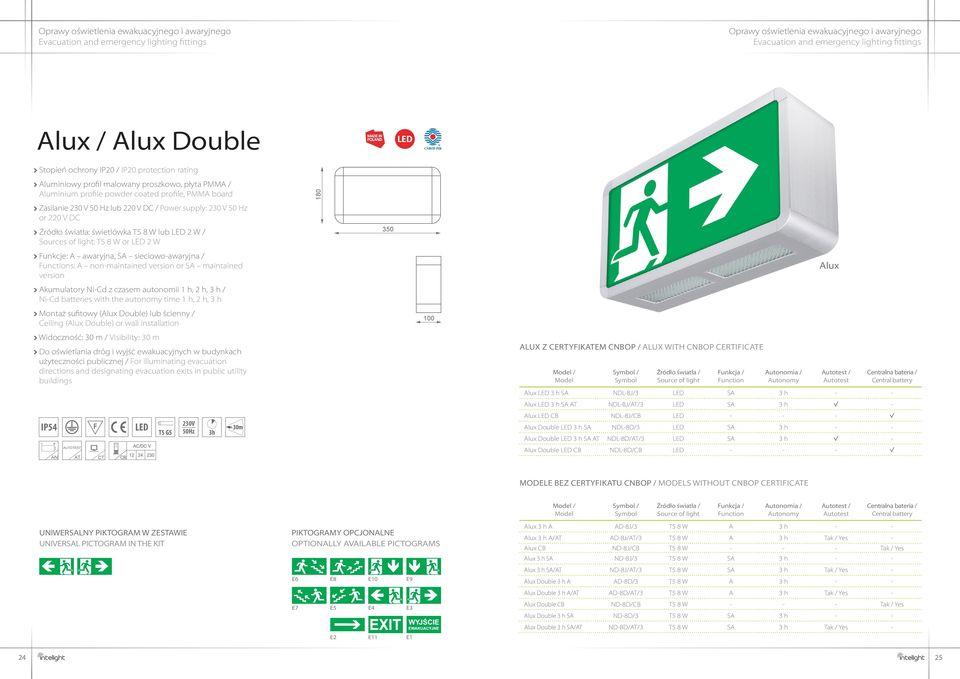of light: T5 8 W or LED 2 W 100 350 Funkcje: A awaryjna, SA sieciowo-awaryjna / s: A non-maintained version or SA maintained version Akumulatory Ni-Cd z czasem autonomii 1 h, 2 h, 3 h / Ni-Cd