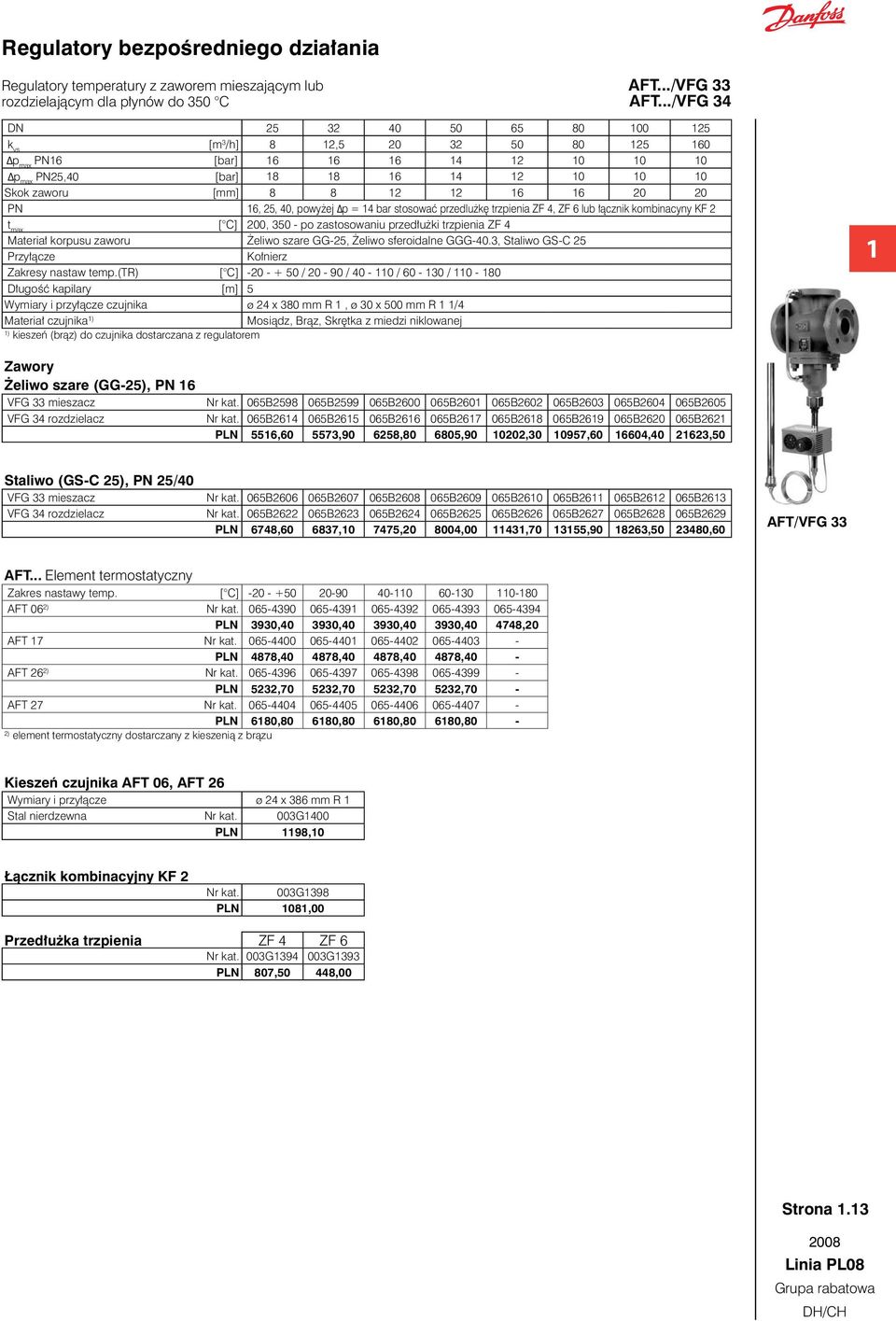 przedlużkę trzpienia ZF 4, ZF 6 lub łącznik kombinacyny KF 2 t max [ C] 200, 30 - po zastosowaniu przedłużki trzpienia ZF 4 Materiał korpusu zaworu Żeliwo szare GG-2, Żeliwo sferoidalne GGG-40.