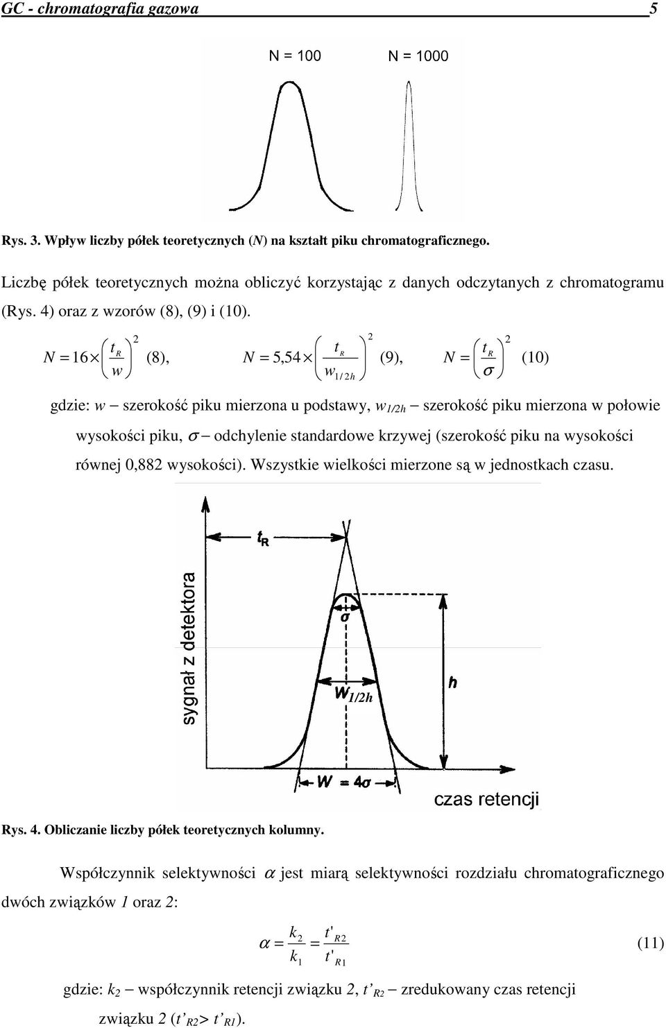 tr N = 16 (8), w 2 t N = 5,54 w R 1/ 2h 2 (9), t R N = (10) σ gdzie: w szerokość piku mierzona u podstawy, w 1/2h szerokość piku mierzona w połowie wysokości piku, σ odchylenie standardowe krzywej