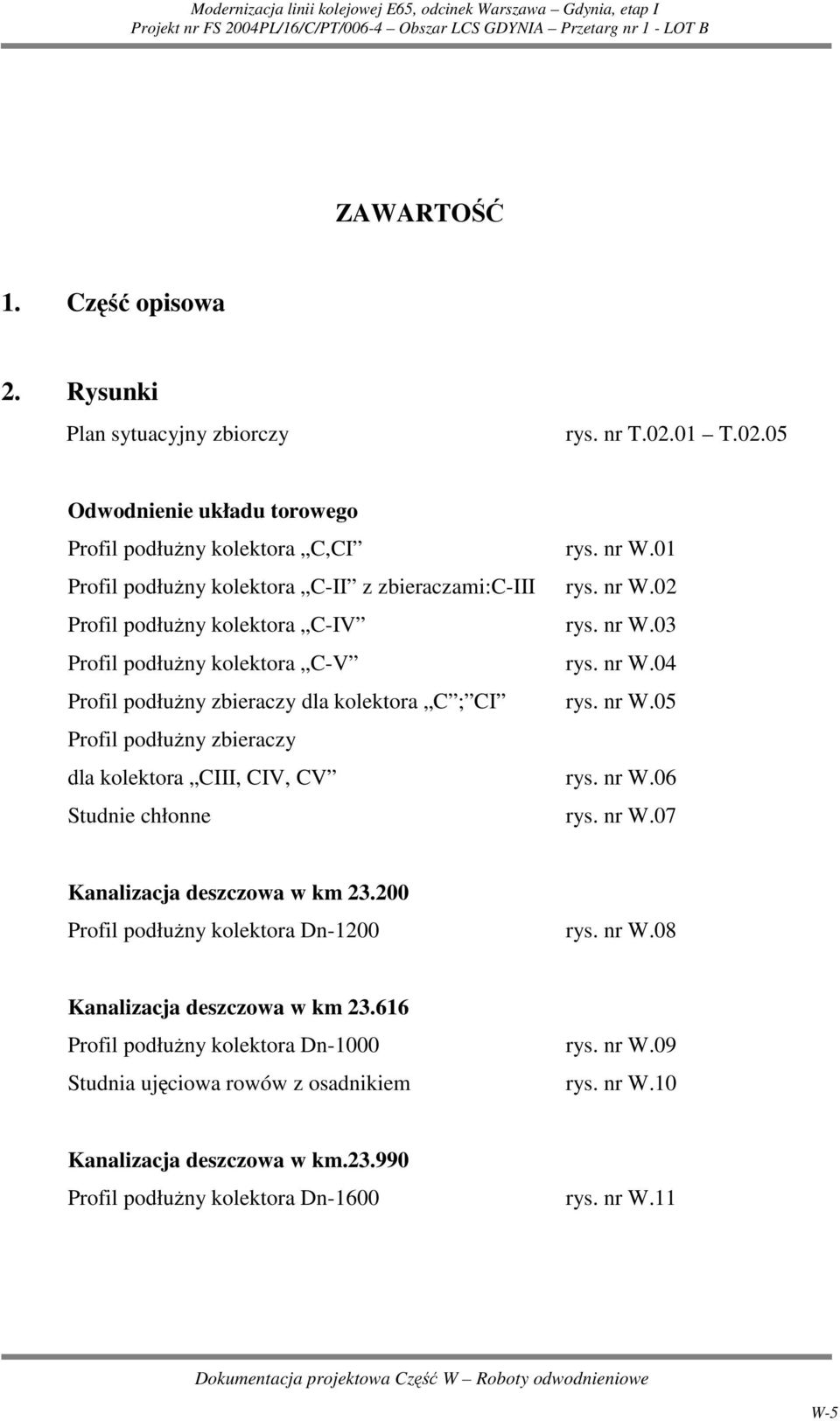 nr W.05 Profil podłuŝny zbieraczy dla kolektora CIII, CIV, CV rys. nr W.06 Studnie chłonne rys. nr W.07 Kanalizacja deszczowa w km 23.200 Profil podłuŝny kolektora Dn-1200 rys. nr W.08 Kanalizacja deszczowa w km 23.