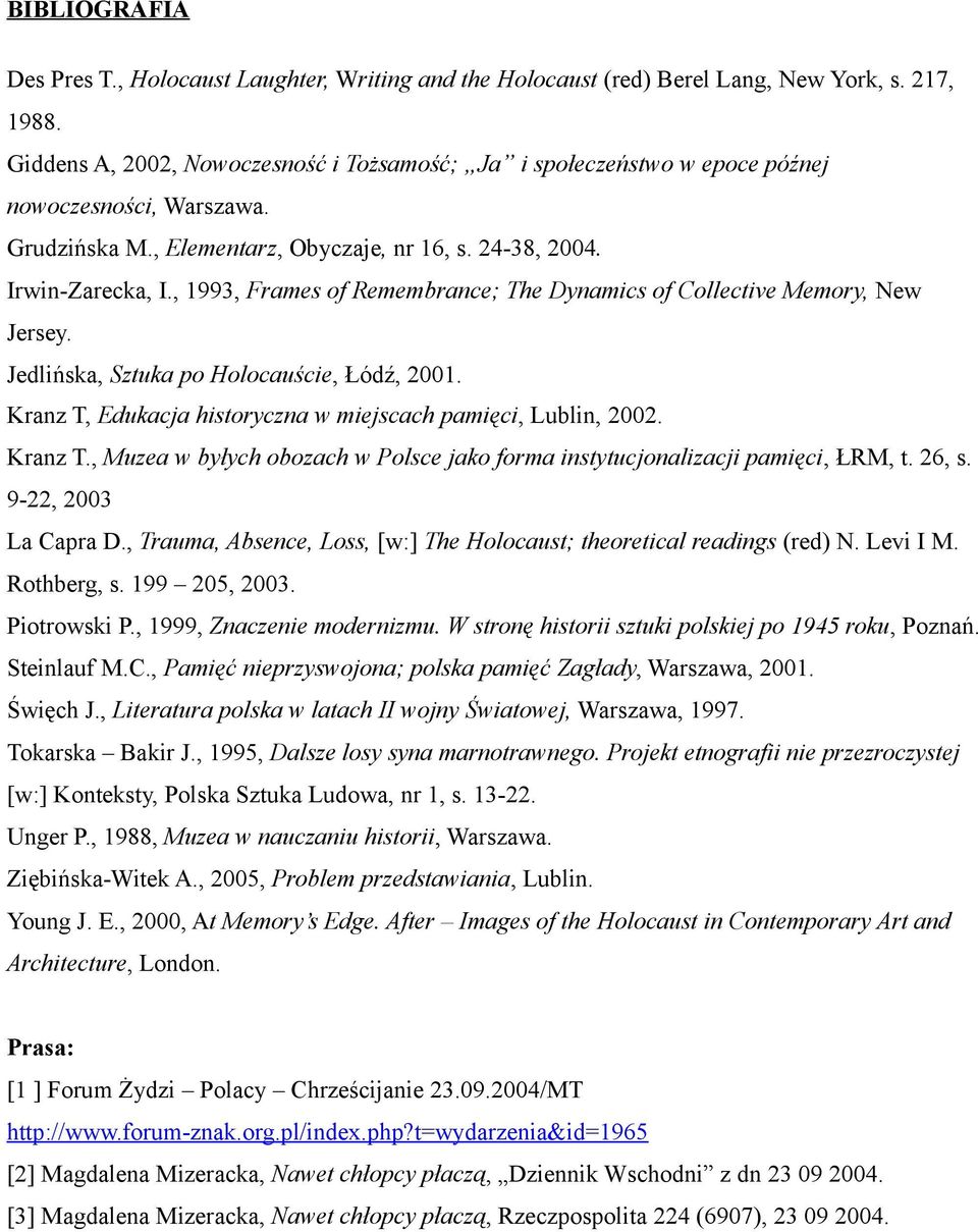 , 1993, Frames of Remembrance; The Dynamics of Collective Memory, New Jersey. Jedlińska, Sztuka po Holocauście, Łódź, 2001. Kranz T,