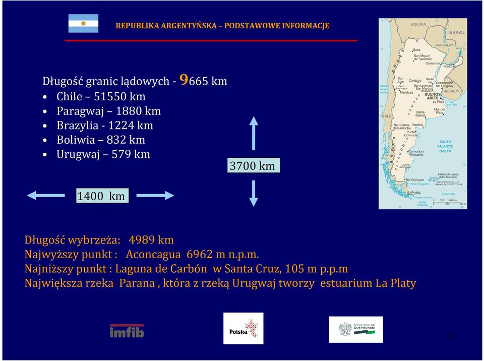 wybrzeża: 4989 km Najwyższy punkt : Aconcagua 6962 m n.p.m. Najniższy punkt : Laguna de Carbón w Santa Cruz, 105 m p.