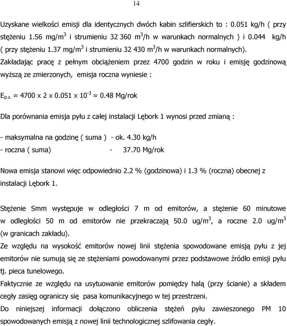 051 x 10-3 = 0.48 Mg/rok Dla porównania emisja pyłu z całej instalacji Lębork 1 wynosi przed zmianą : - maksymalna na godzinę ( suma ) - ok. 4.30 kg/h - roczna ( suma) - 37.