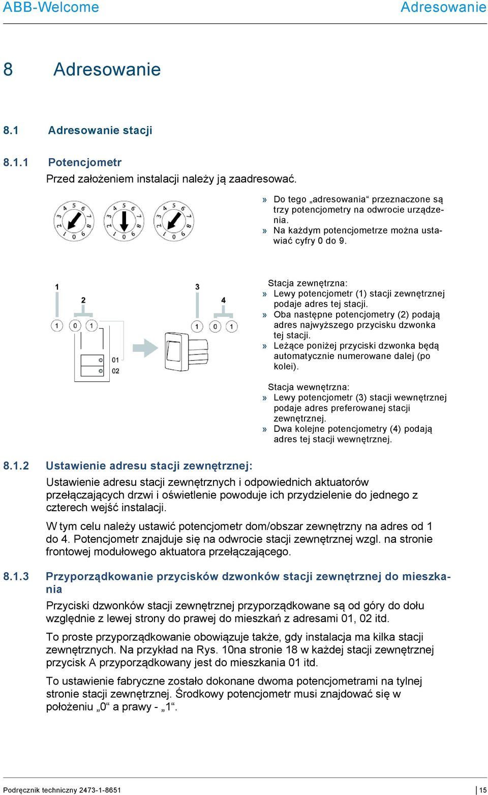 » Na każdym potencjometrze można ustawiać cyfry 0 do 9. Stacja zewnętrzna:» Lewy potencjometr (1) stacji zewnętrznej podaje adres tej stacji.