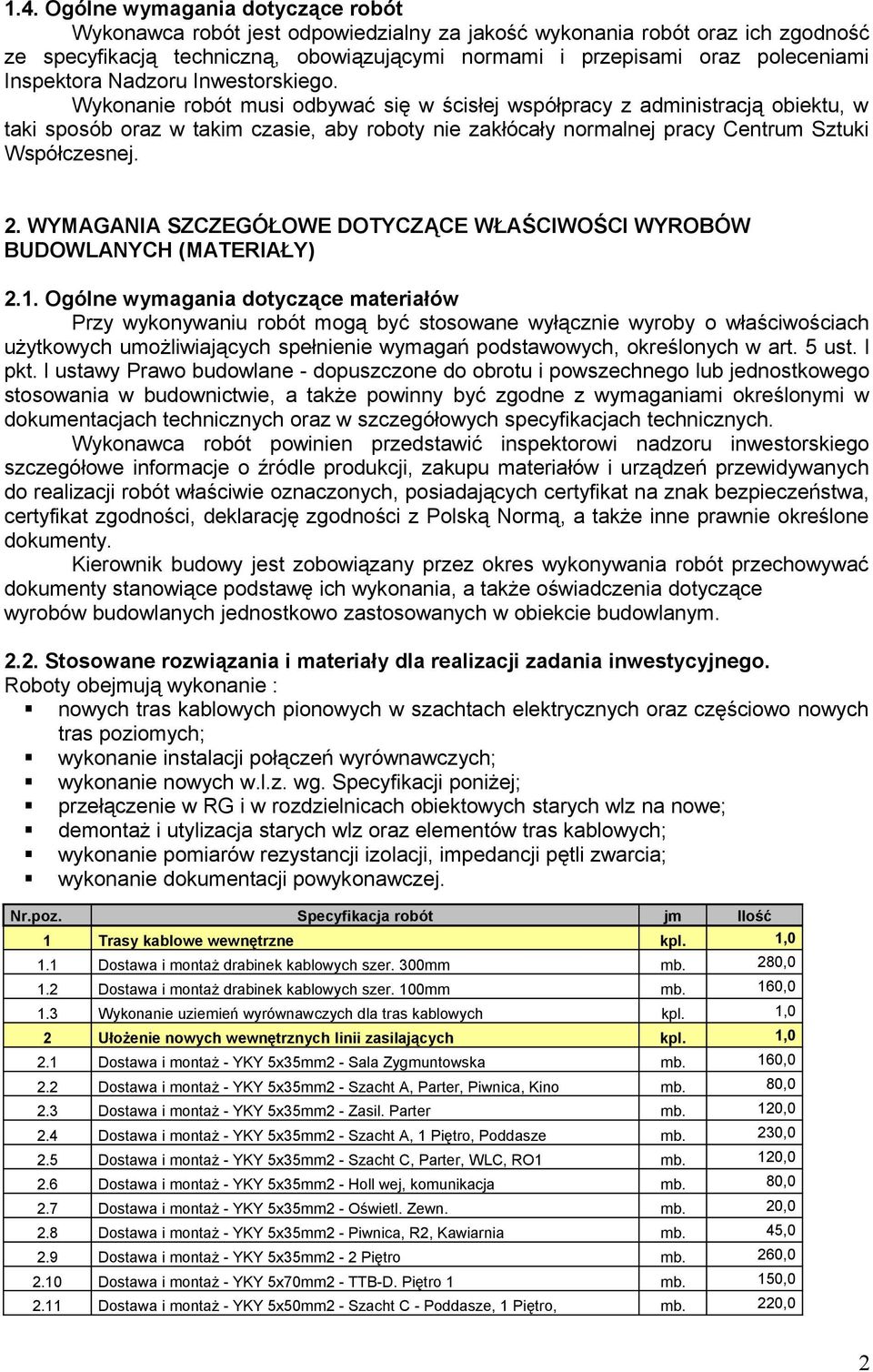 Wykonanie robót musi odbywać się w ścisłej współpracy z administracją obiektu, w taki sposób oraz w takim czasie, aby roboty nie zakłócały normalnej pracy Centrum Sztuki Współczesnej. 2.