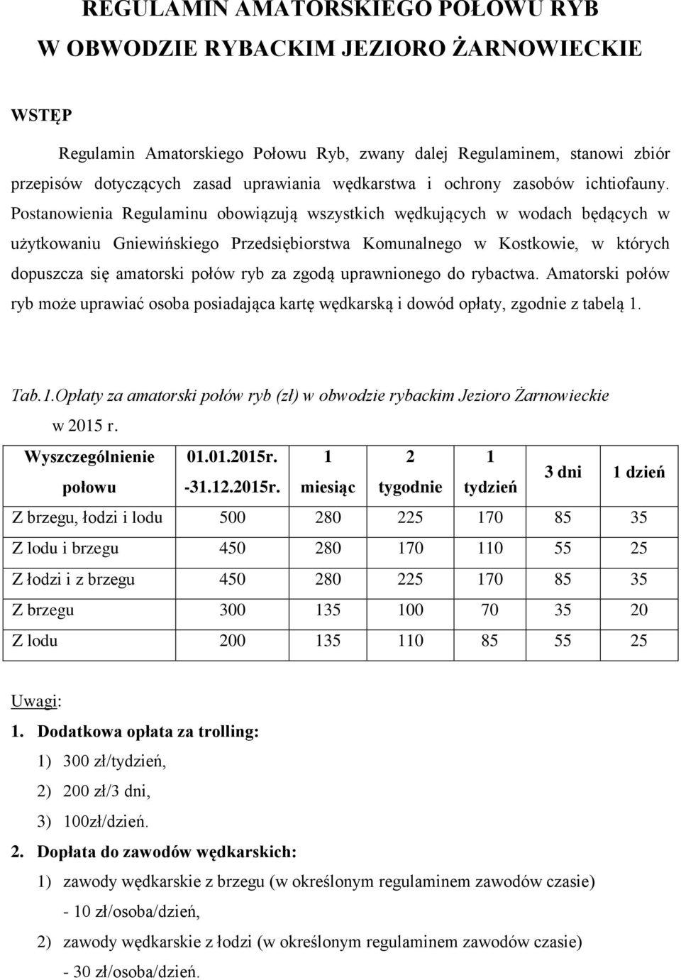 Postanowienia Regulaminu obowiązują wszystkich wędkujących w wodach będących w użytkowaniu Gniewińskiego Przedsiębiorstwa Komunalnego w Kostkowie, w których dopuszcza się amatorski połów ryb za zgodą