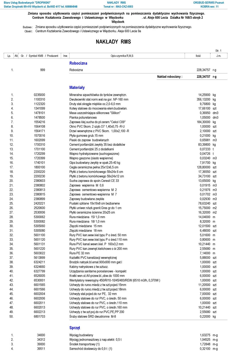 0235000 Mineralna szpachlówka do tynków zewnętrzn. 14,25900 kg 2. 1100310 Dwuteowniki stal.norm.wal.na gor. NP-160 mm 356,13200 kg 3. 1122320 Druty stal.okrągłe miękkie oc.2,0-6,0 mm 9,76800 kg 4.