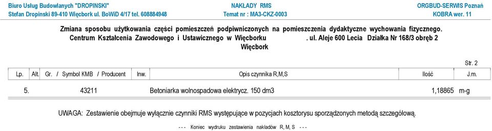 Opis czynnika R,M,S Ilość J.m. 5. 43211 Betoniarka wolnospadowa elektrycz. 150 dm3 1,18865 m-g Str.