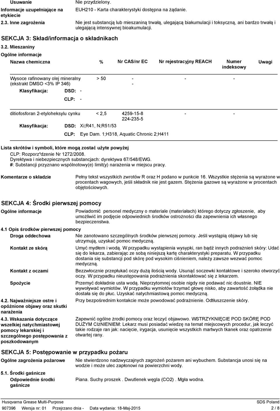 Mieszaniny Ogólne informacje Nazwa chemiczna % Nr CAS/nr EC Nr rejestracyjny REACH Numer indeksowy Uwagi Wysoce rafinowany olej mineralny (ekstrakt DMSO <3% IP 346) Klasyfikacja: DSD: > 50 CLP: