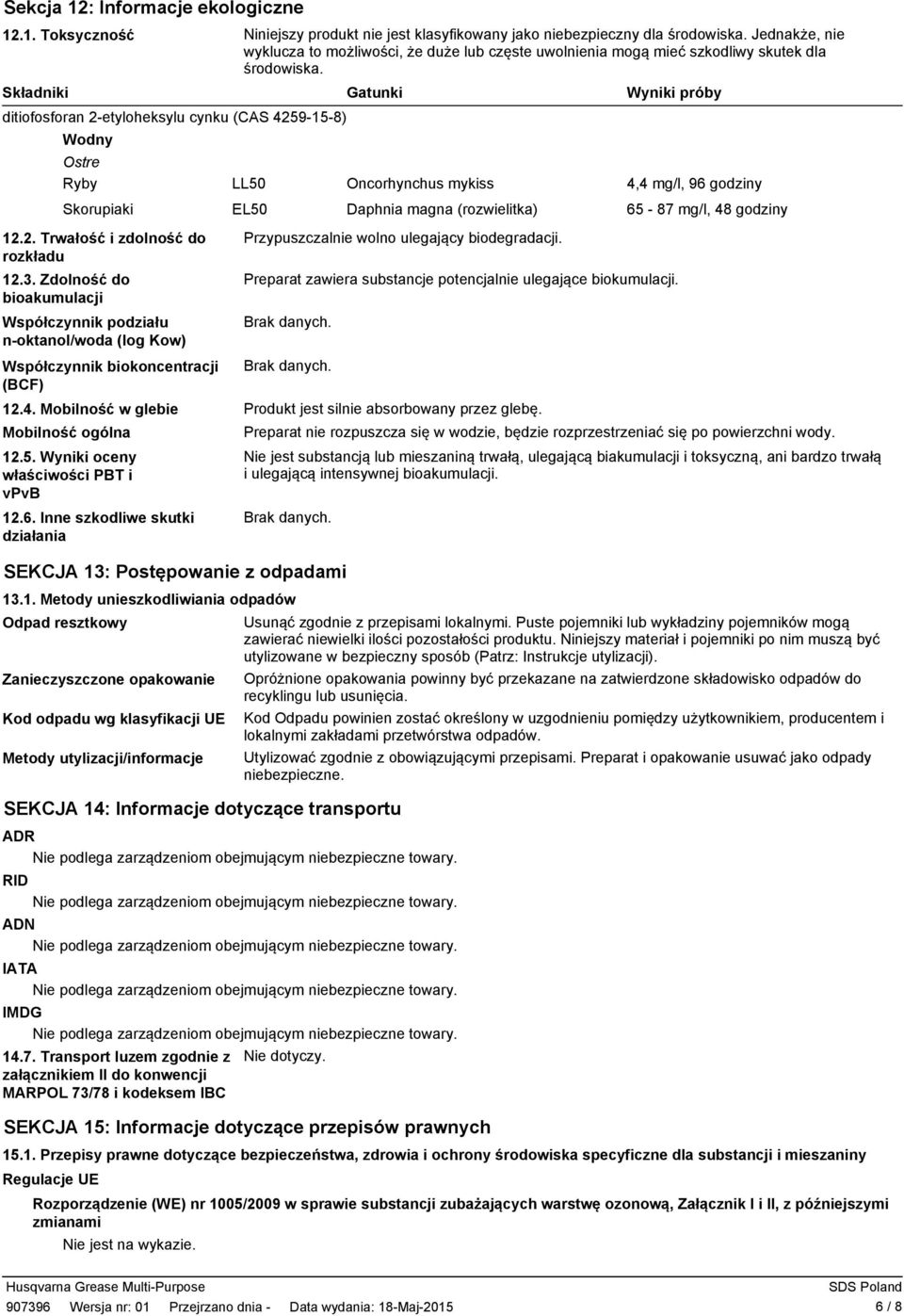 Składniki Gatunki ditiofosforan 2etyloheksylu cynku (CAS 4259158) Wodny Ostre Ryby LL50 Oncorhynchus mykiss Wyniki próby 4,4 mg/l, 96 godziny Skorupiaki EL50 Daphnia magna (rozwielitka) 65 87 mg/l,