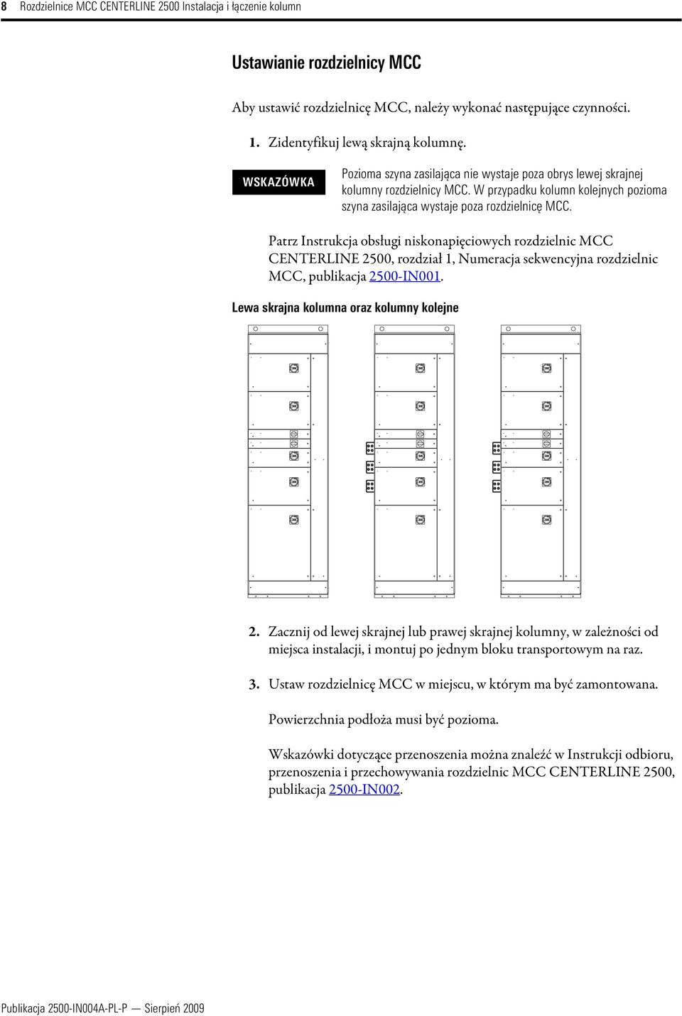 Patrz Instrukcja obsługi niskonapięciowych rozdzielnic MCC CENTERLINE 2500, rozdział 1, Numeracja sekwencyjna rozdzielnic MCC, publikacja 2500-IN001. Lewa skrajna kolumna oraz kolumny kolejne 2.
