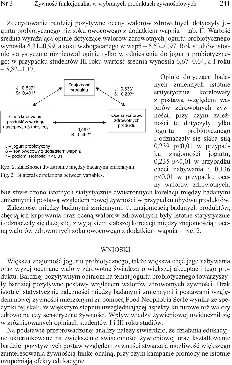 Rok studiów istotnie statystycznie różnicował opinie tylko w odniesieniu do jogurtu probiotycznego: w przypadku studentów III roku wartość średnia wynosiła 6,67±0,64, a I roku 5,82±1,17.