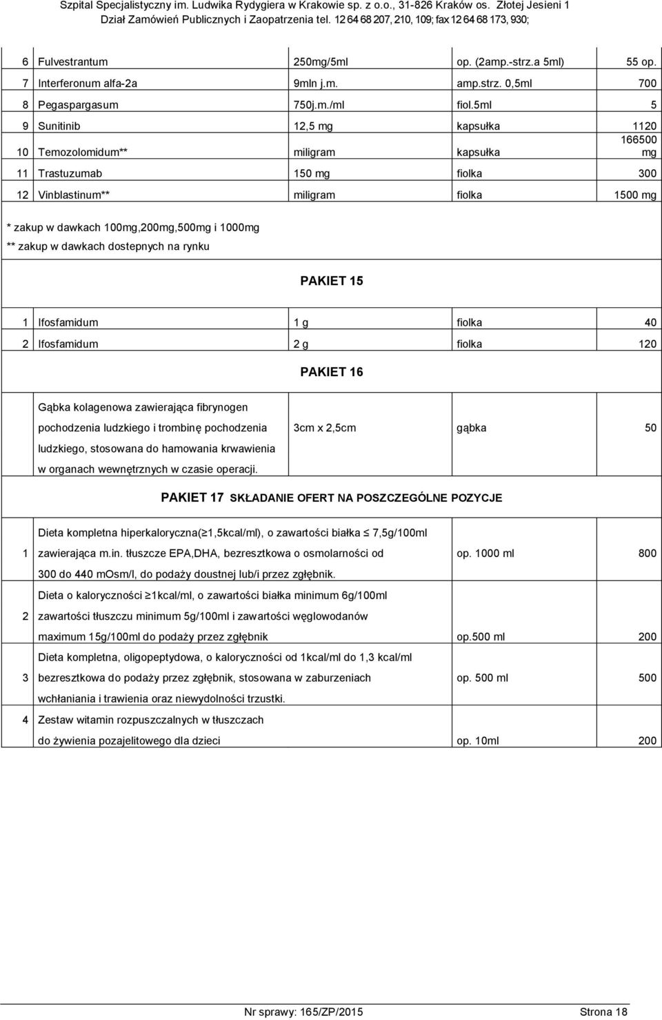 1000mg ** zakup w dawkach dostepnych na rynku PAKIET 15 1 Ifosfamidum 1 g fiolka 40 2 Ifosfamidum 2 g fiolka 120 PAKIET 16 Gąbka kolagenowa zawierająca fibrynogen pochodzenia ludzkiego i trombinę