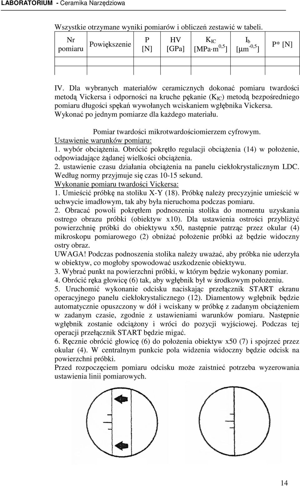 Wykona po jednym pomiarze dla kadego materiału. Pomiar twardoci mikrotwardociomierzem cyfrowym. Ustawienie warunków pomiaru: 1. wybór obcienia.