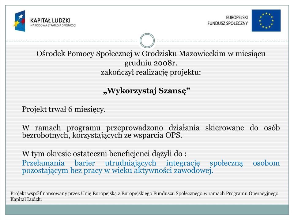 Wykorzystaj Szansę W ramach programu przeprowadzono działania skierowane do osób bezrobotnych,