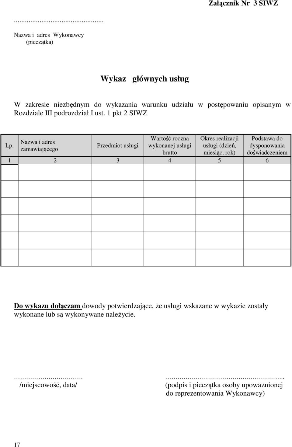 III podrozdział I ust. 1 pkt 2 SIWZ Lp.