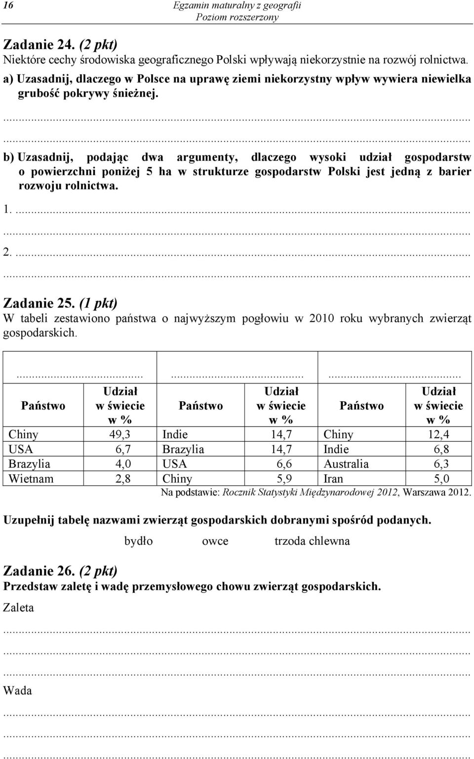 b) Uzasadnij, podając dwa argumenty, dlaczego wysoki udział gospodarstw o powierzchni poniżej 5 ha w strukturze gospodarstw Polski jest jedną z barier rozwoju rolnictwa. 1.... 2.... Zadanie 25.