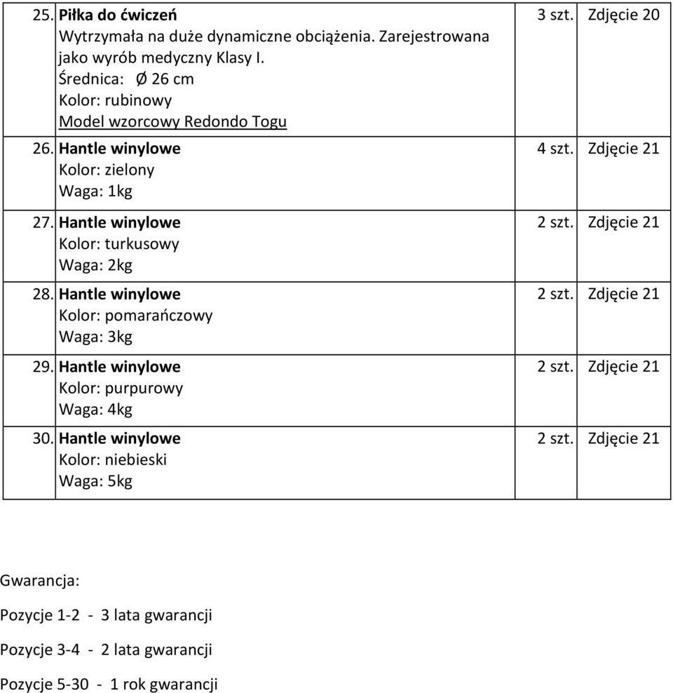 Hantle winylowe Kolor: turkusowy Waga: 2kg 28. Hantle winylowe Kolor: pomarańczowy Waga: 3kg 29. Hantle winylowe Kolor: purpurowy Waga: 4kg 30.