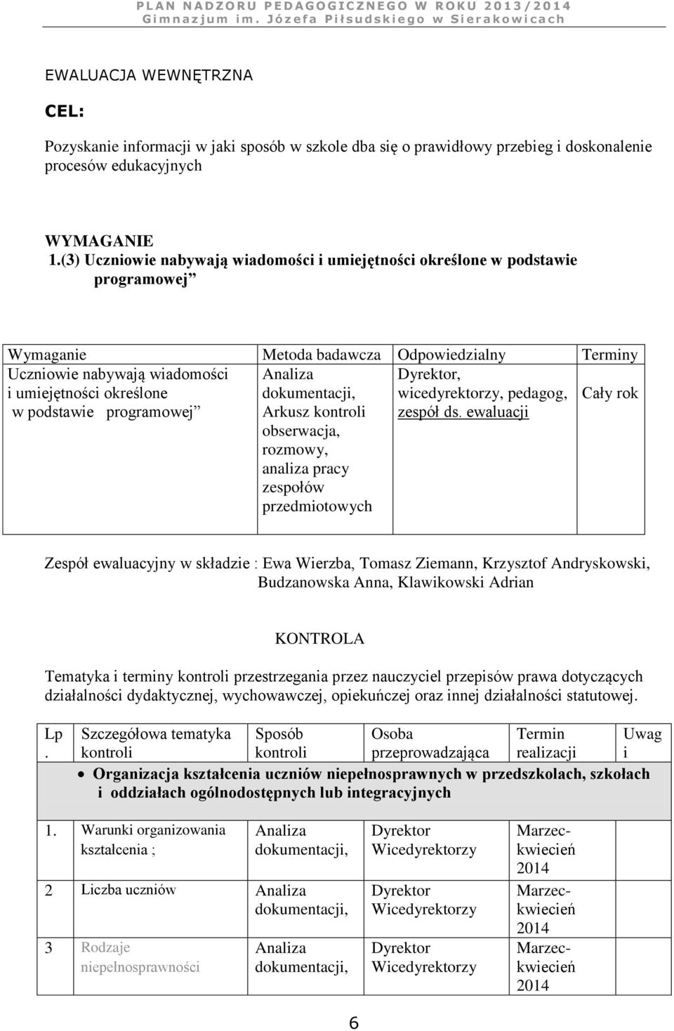 programowej Arkusz kontroli obserwacja, rozmowy, analiza pracy zespołów przedmiotowych, wicedyrektorzy, pedagog, zespół ds.