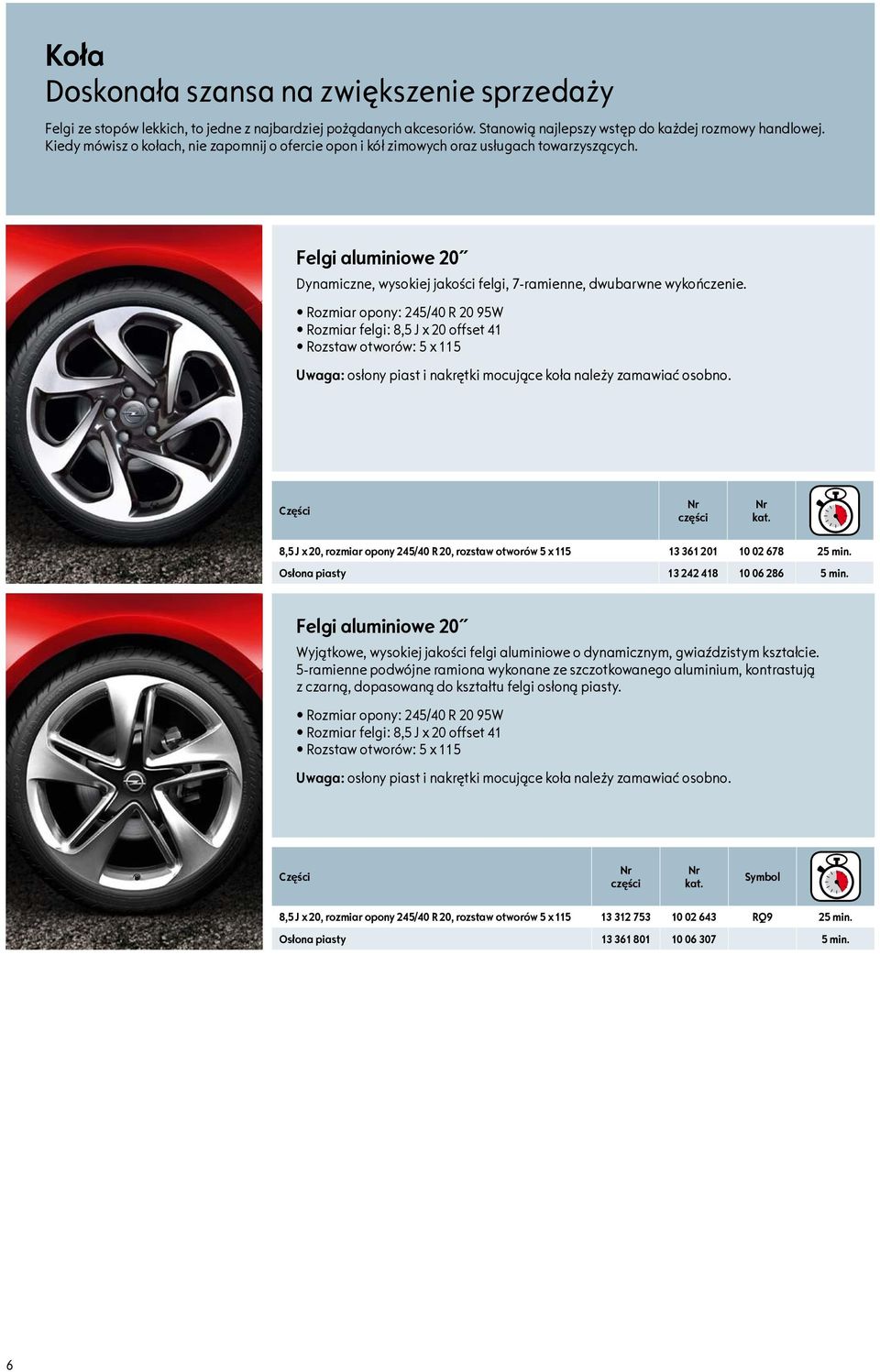 Rozmiar opony: 245/40 R 20 95W Rozmiar felgi: 8,5 J x 20 offset 4 Rozstaw otworów: 5 x 5 Uwaga: osłony piast i nakrętki mocujące koła należy zamawiać osobno.