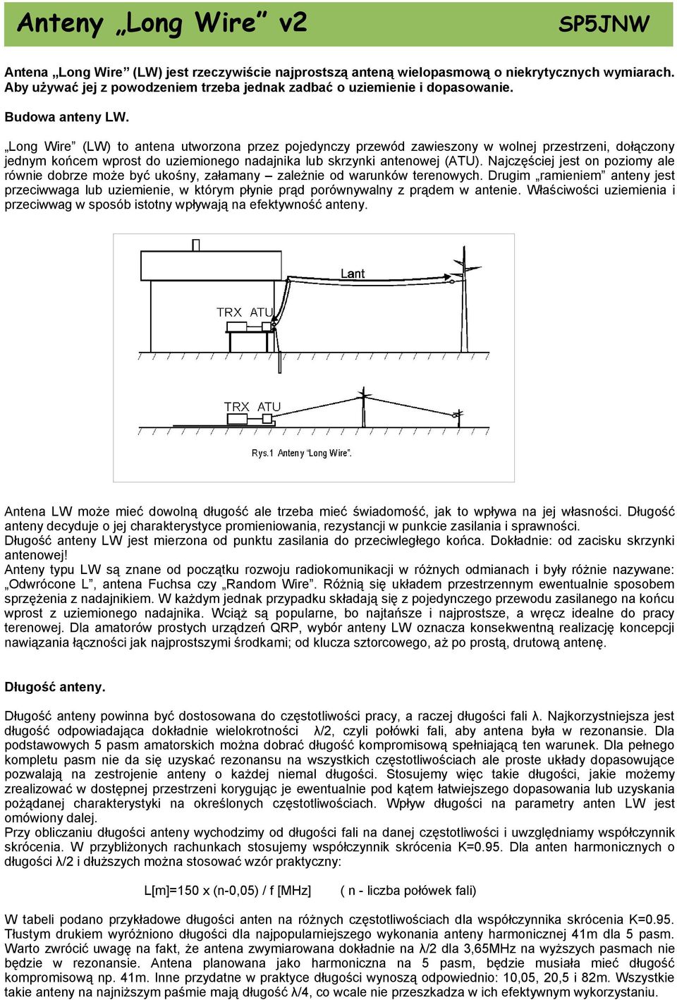 Long Wire (LW) to antena utworzona przez pojedynczy przewód zawieszony w wolnej przestrzeni, dołączony jednym końcem wprost do uziemionego nadajnika lub skrzynki antenowej (ATU).