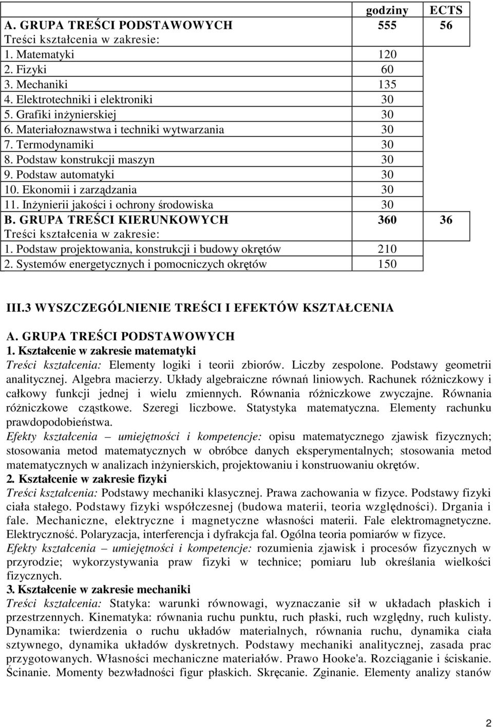 InŜynierii jakości i ochrony środowiska 30 B. GRUPA TREŚCI KIERUNKOWYCH 360 36 Treści kształcenia w zakresie: 1. Podstaw projektowania, konstrukcji i budowy okrętów 210 2.