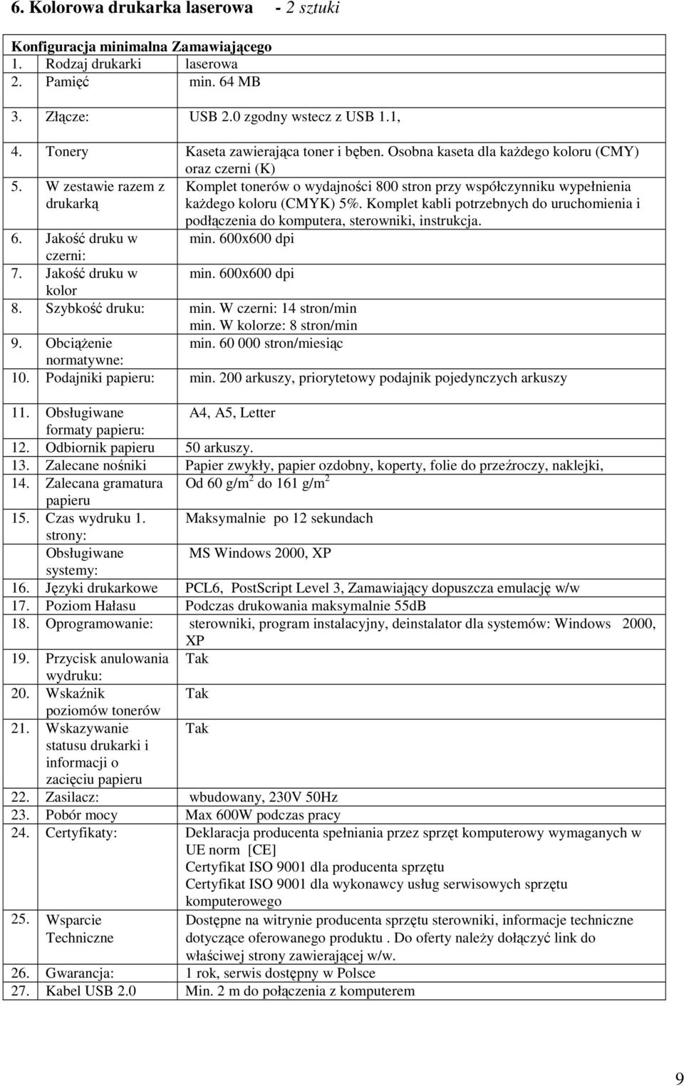 Komplet kabli potrzebnych do uruchomienia i podłączenia do komputera, sterowniki, instrukcja. 6. Jakość druku w min. 600x600 dpi czerni: 7. Jakość druku w min. 600x600 dpi kolor 8.