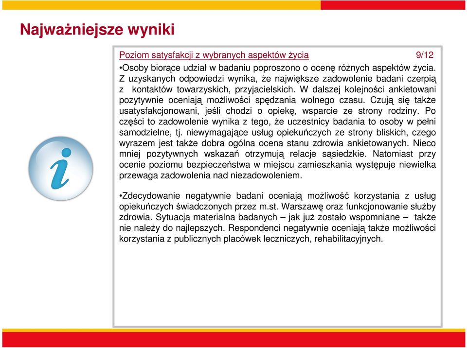 W dalszej kolejności ankietowani pozytywnie oceniają możliwości spędzania wolnego czasu. Czują się także usatysfakcjonowani, jeśli chodzi o opiekę, wsparcie ze strony rodziny.