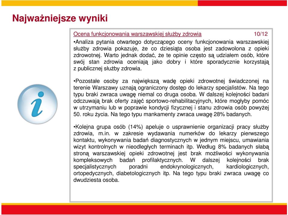 Pozostałe osoby za największą wadę opieki zdrowotnej świadczonej na terenie Warszawy uznają ograniczony dostęp do lekarzy specjalistów. Na tego typu braki zwraca uwagę niemal co druga osoba.