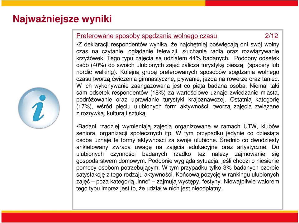 Kolejną grupę preferowanych sposobów spędzania wolnego czasu tworząćwiczenia gimnastyczne, pływanie, jazda na rowerze oraz taniec. W ich wykonywanie zaangażowana jest co piąta badana osoba.