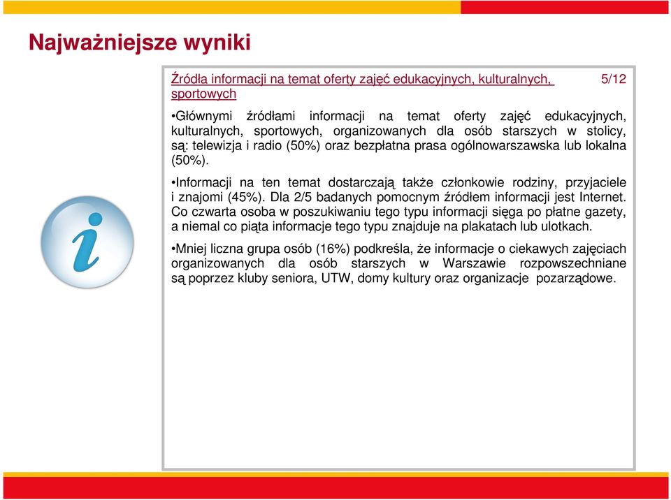 Informacji na ten temat dostarczają także członkowie rodziny, przyjaciele i znajomi (45%). Dla 2/5 badanych pomocnym źródłem informacji jest Internet.