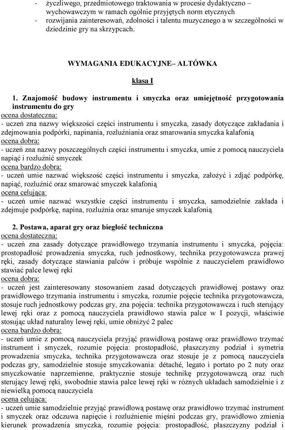 Znajomość budowy instrumentu i smyczka oraz umiejętność przygotowania instrumentu do gry - uczeń zna nazwy większości części instrumentu i smyczka, zasady dotyczące zakładania i zdejmowania podpórki,