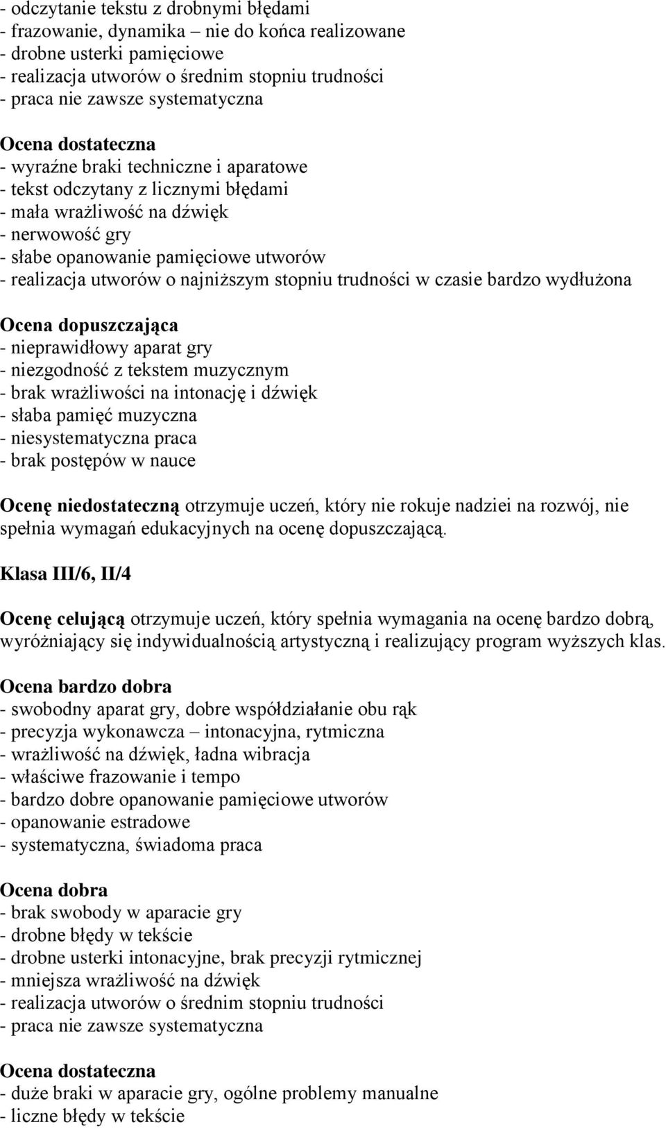 najniższym stopniu trudności w czasie bardzo wydłużona Ocena dopuszczająca - nieprawidłowy aparat gry - niezgodność z tekstem muzycznym - brak wrażliwości na intonację i dźwięk - słaba pamięć