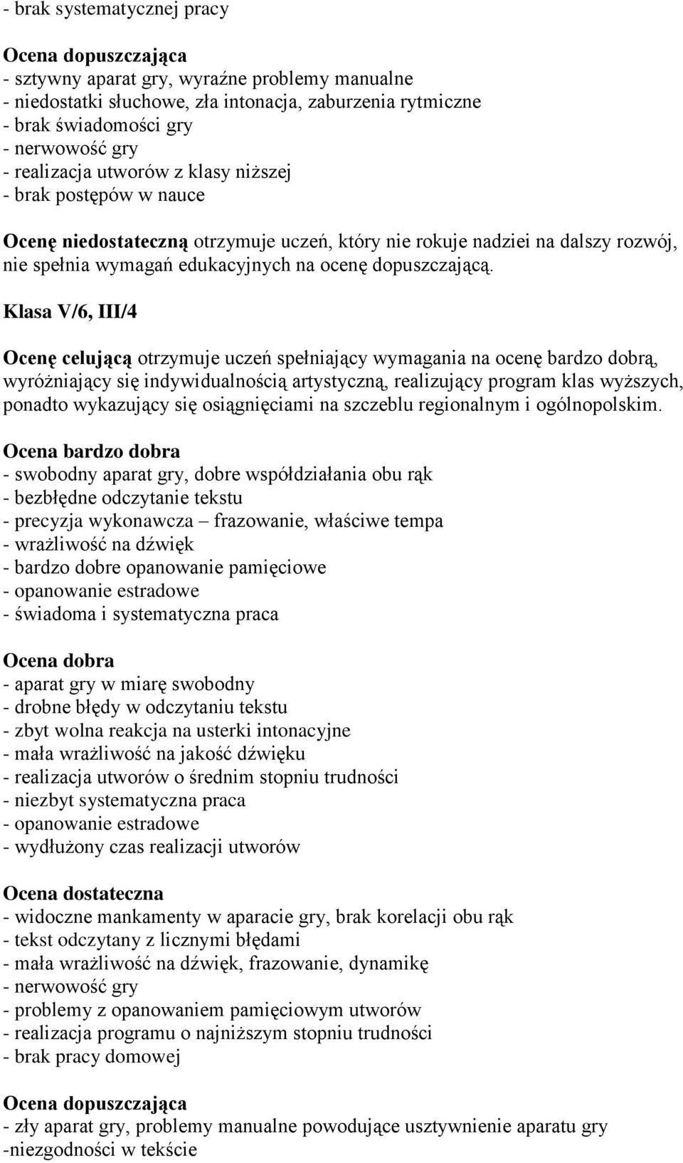 Klasa V/6, III/4 Ocenę celującą otrzymuje uczeń spełniający wymagania na ocenę bardzo dobrą, wyróżniający się indywidualnością artystyczną, realizujący program klas wyższych, ponadto wykazujący się