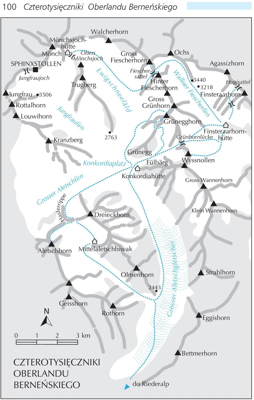 Fülbärg Walliser Fiescherfirn Grünegghorn Finsteraarhornhütte Grünhornlücke Wyssnollen Haslerrippe Grosser Aletschfirn Dreieckhorn Konkordiahütte Gross Wannenhorn Klein Wannenhorn