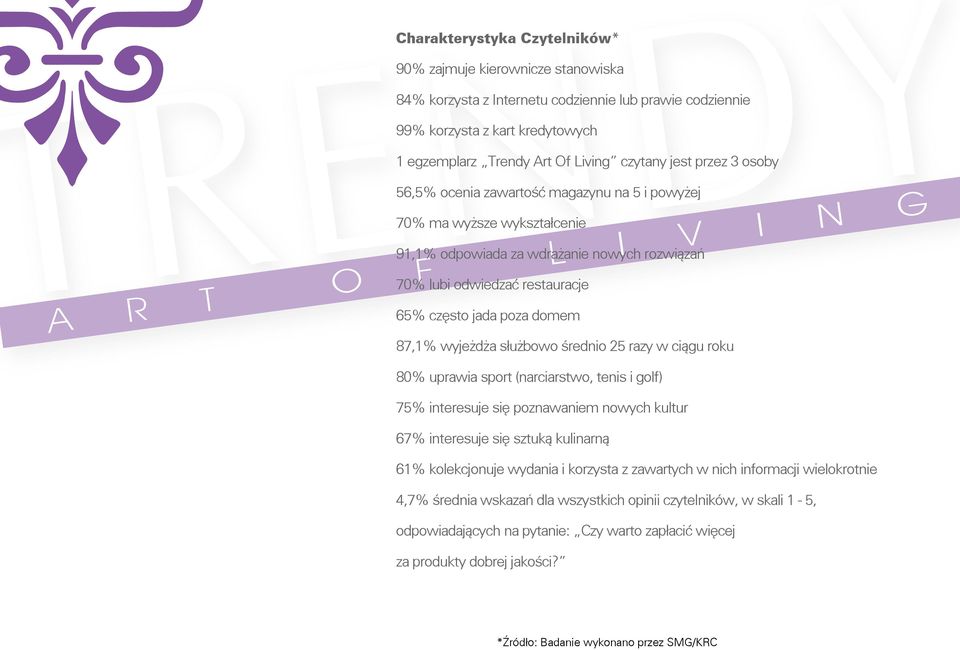 87,1% wyjeżdża służbowo średnio 25 razy w ciągu roku 80% uprawia sport (narciarstwo, tenis i golf) 75% interesuje się poznawaniem nowych kultur 67% interesuje się sztuką kulinarną 61% kolekcjonuje