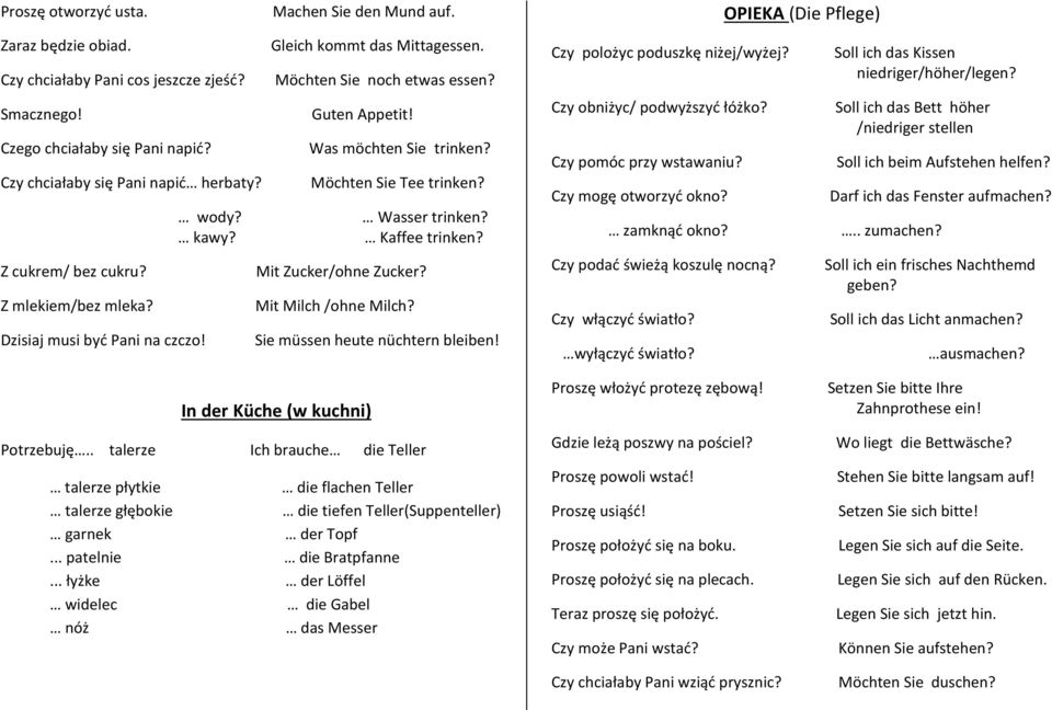 Mit Zucker/ohne Zucker? Z mlekiem/bez mleka? Mit Milch /ohne Milch? Dzisiaj musi być Pani na czczo! Sie müssen heute nüchtern bleiben! Czy polożyc poduszkę niżej/wyżej? Czy obniżyc/ podwyższyć łóżko?