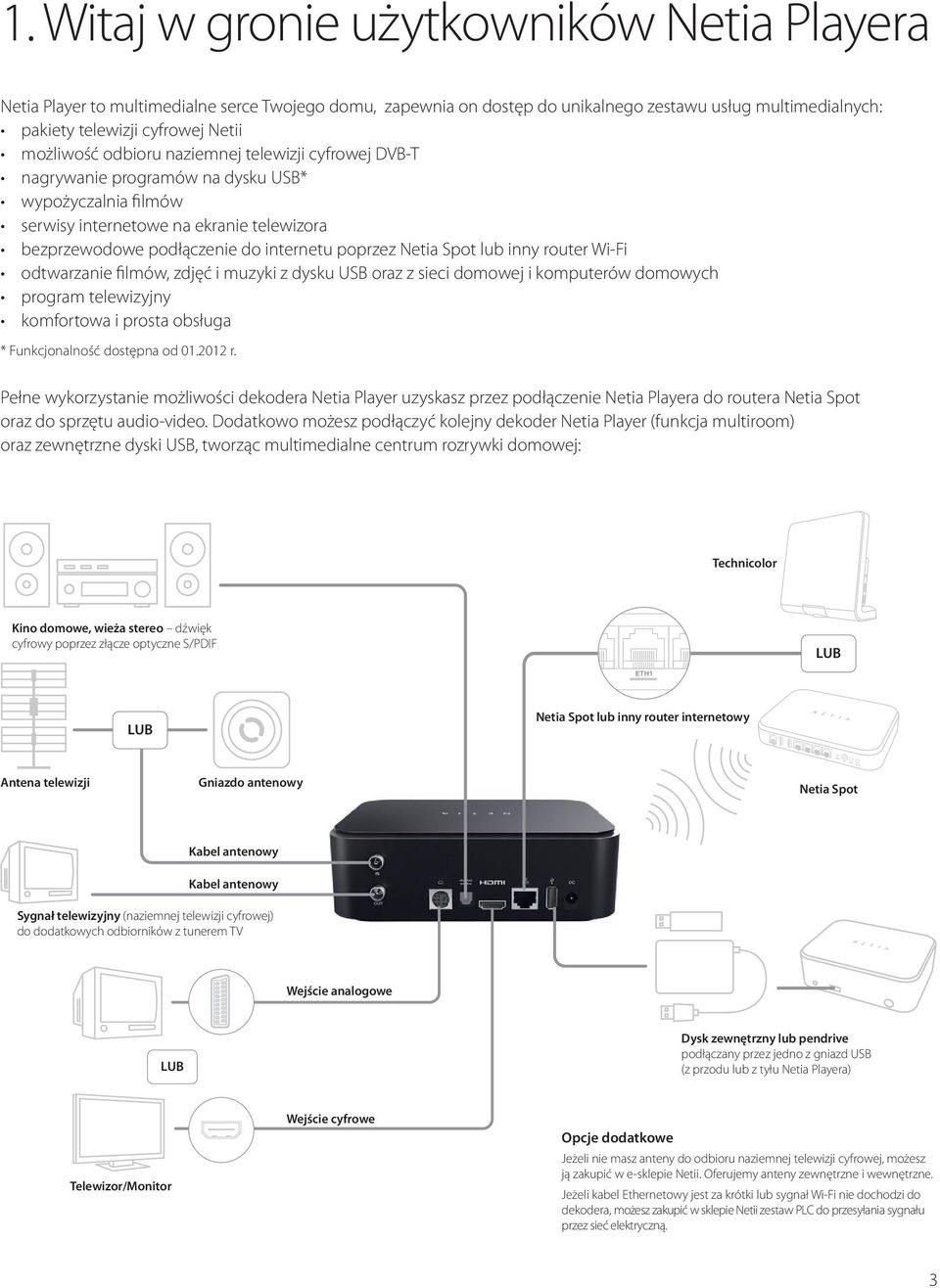 odbioru naziemnej telewizji cyfrowej DVB-T nagrywanie programów na dysku USB* wypożyczalnia filmów serwisy internetowe na ekranie telewizora bezprzewodowe podłączenie do internetu poprzez Netia Spot