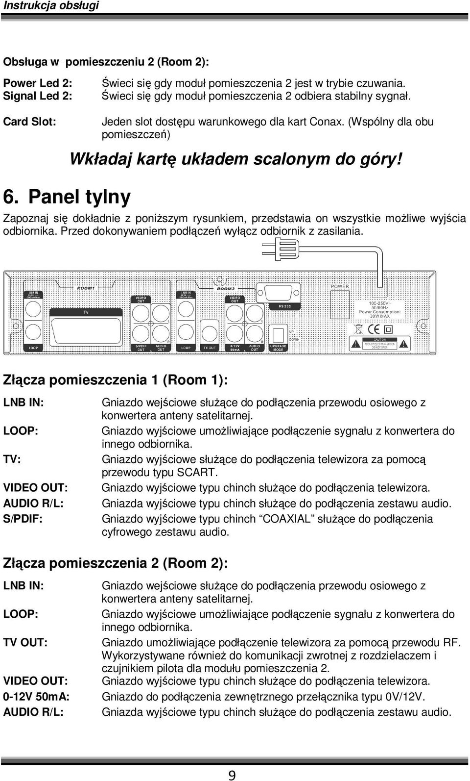 Panel tylny Zapoznaj się dokładnie z poniŝszym rysunkiem, przedstawia on wszystkie moŝliwe wyjścia odbiornika. Przed dokonywaniem podłączeń wyłącz odbiornik z zasilania.