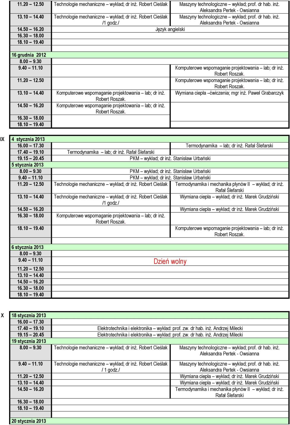 Paweł Grabarczyk Komputerowe wspomaganie projektowania lab; dr inż. IX 4 stycznia 2013 Termodynamika lab; dr inż. Termodynamika lab; dr inż. PKM wykład; dr inż.