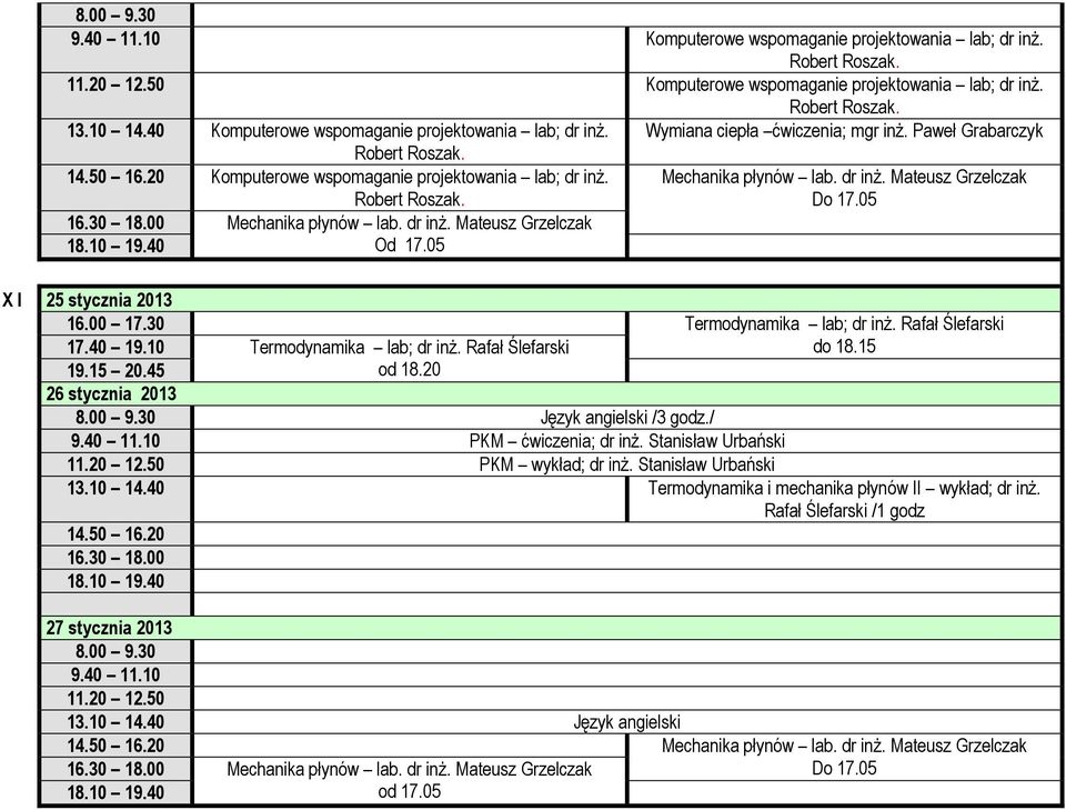 Paweł Grabarczyk Komputerowe wspomaganie projektowania lab; dr inż. Od 17.05 X I 25 stycznia 2013 Termodynamika lab; dr inż. od 18.20 Do 17.