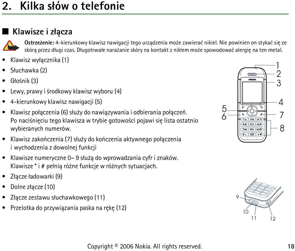 Klawisz wy³±cznika (1) S³uchawka (2) G³o nik (3) Lewy, prawy i rodkowy klawisz wyboru (4) 4-kierunkowy klawisz nawigacji (5) Klawisz po³±czenia (6) s³u y do nawi±zywania i odbierania po³±czeñ.